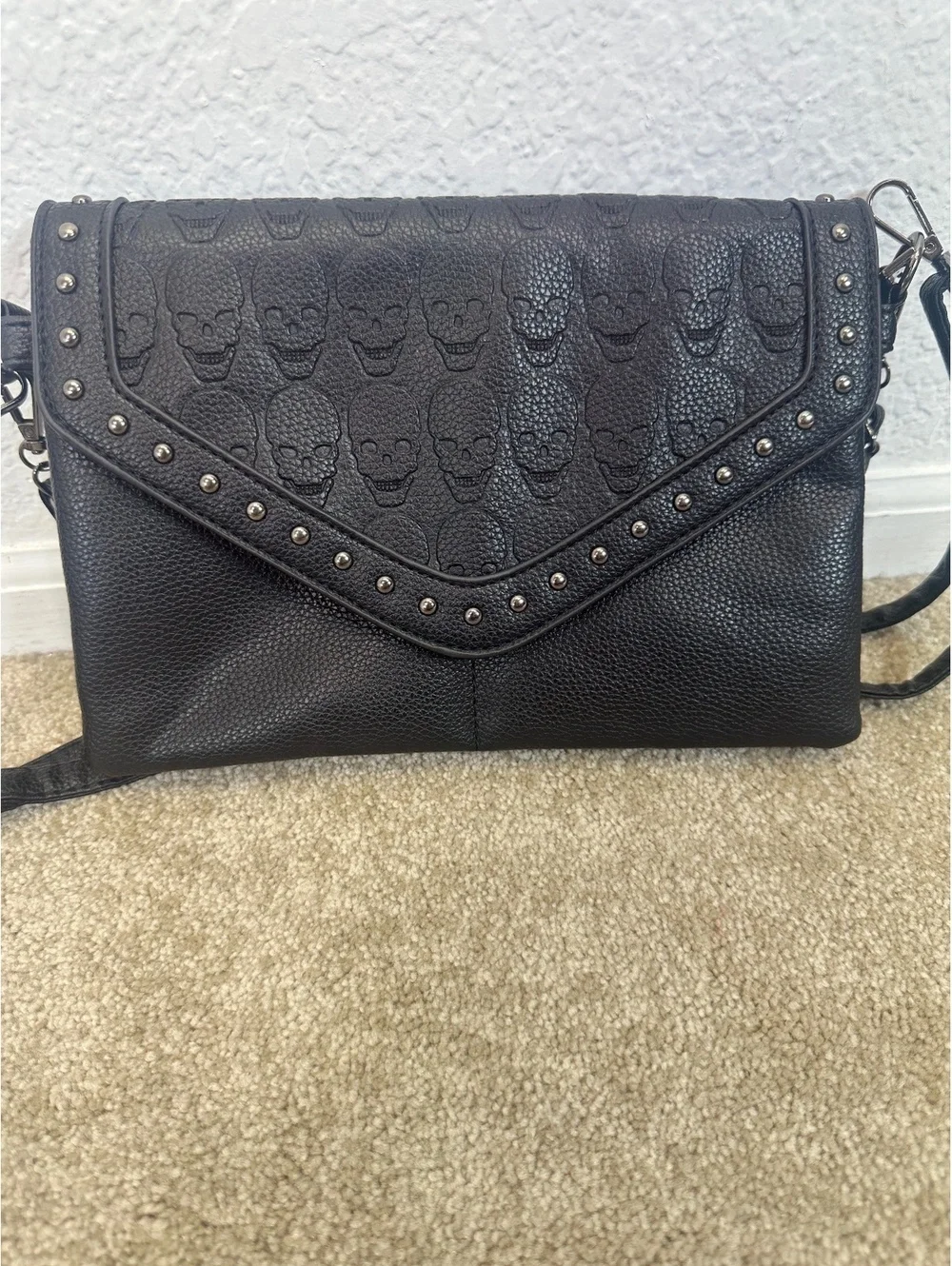 Black Embossed Skull Envelope Clutch Studded PU Leather Handbag Shoulder Strap